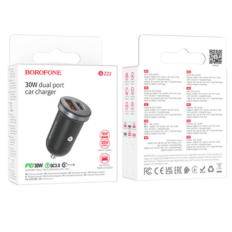 Incarcator Borofone Car Scenery (BZ22), USB, Type-C, Fast Charge, Dual Port, PD30W, QC3.0, PC, Aluminum, Negru
