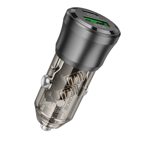 Incarcator Borofone Car Journey (BZ25), USB, Type-C, Fast Charge, Dual Port, PD20W, QC3.0, 38W, Transparent / Black