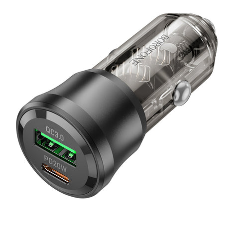Incarcator Borofone Car Journey (BZ25), USB, Type-C, Fast Charge, Dual Port, PD20W, QC3.0, 38W, Transparent / Black