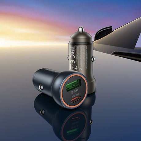 Incarcator Borofone Mini Car Fresh (BZ32A), Type-C, USB, Fast Charge, Dual Port, 30W (PD/QC), Aluminum Alloy, Metal Gray