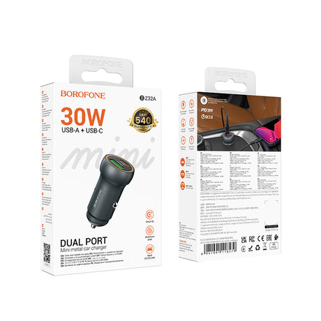 Incarcator Borofone Mini Car Fresh (BZ32A), Type-C, USB, Fast Charge, Dual Port, 30W (PD/QC), Aluminum Alloy, Metal Gray