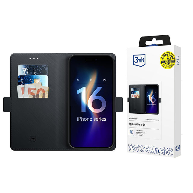Husa de protectie 3mk Wallet compatibil cu iPhone 16, Negru