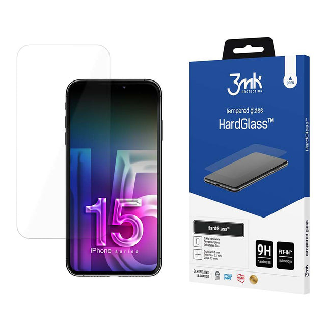 Folie de protectie 3mk HardGlass Tempered compatibil cu iPhone 15, Transparent