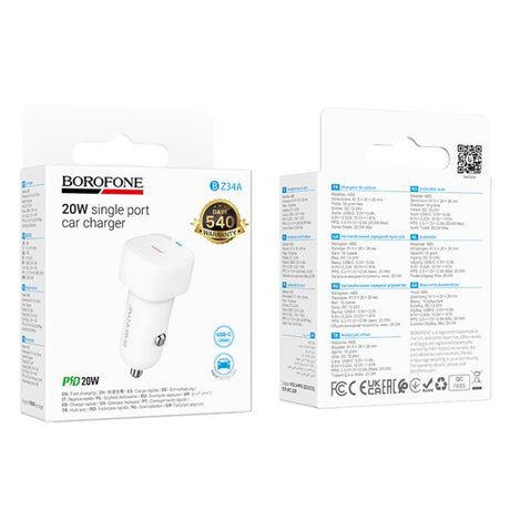 Incarcator Borofone Car Cloud (BZ34A), Type-C, Single Port, 20W (PD/QC/FCP/AFC), ABS, Alb