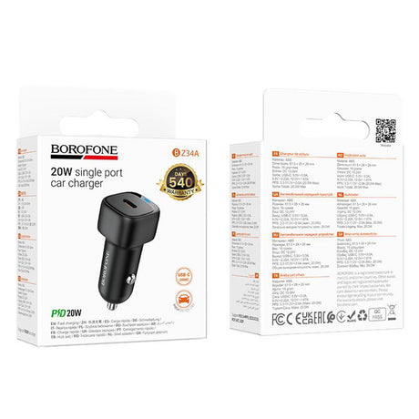 Incarcator Borofone Car Cloud (BZ34A), Type-C, Single Port, 20W (PD/QC/FCP/AFC), ABS, Negru