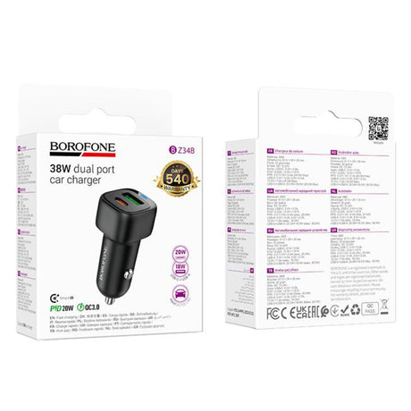 Incarcator Borofone Car Cloud (BZ34B), Type-C + USB-A, PD20W, QC3.0, Dual Port, 38W, ABS, Negru