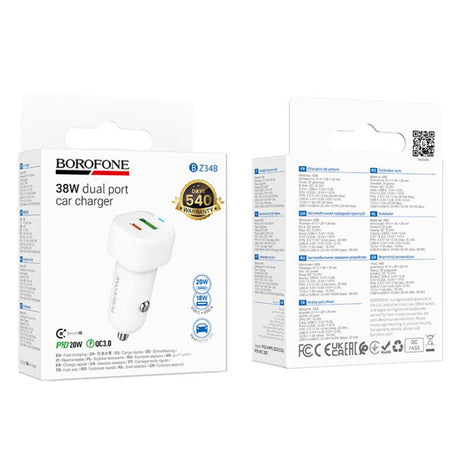 Incarcator Borofone Car Cloud (BZ34B), Type-C, USB, PD20W, QC3.0, Dual Port, 38W, ABS, Alb