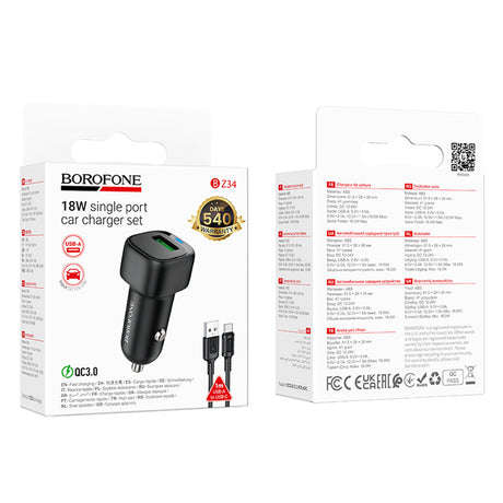 Incarcator Borofone Car Cloud (BZ34), USB-A/C Cable Included, Single Port USB-A, 18W (QC/FCP/AFC), ABS, for DC 12-24V, Negru