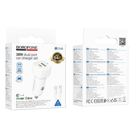 Incarcator Borofone Car Cloud (BZ34B), Type-C Cable Included, Type-C + USB-A, PD20W, QC3.0, Dual Port, 38W, ABS, Alb