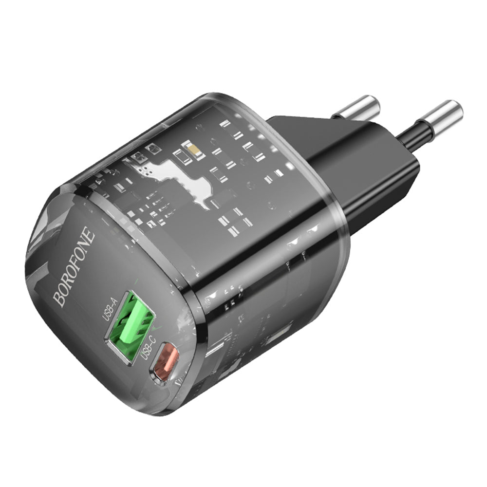 Incarcator Borofone Sunlight (BN17), Dual Port, USB-C + USB-A, 5V/3A, PD20W, QC3.0, Transparent /Black