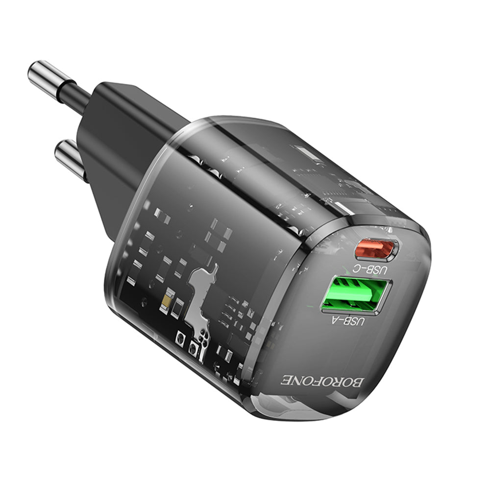 Incarcator Borofone Sunlight (BN17), Dual Port, USB-C + USB-A, 5V/3A, PD20W, QC3.0, Transparent /Black