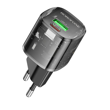 Incarcator Borofone Sunlight (BN17), Dual Port, USB-C + USB-A, 5V/3A, PD20W, QC3.0, Transparent /Black