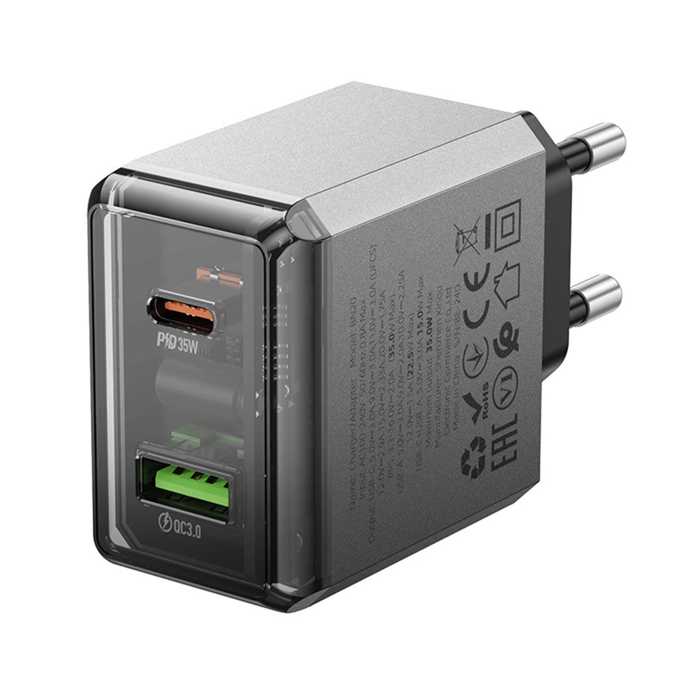 Incarcator Borofone Lena (BN20), Dual Port, USB-C + USB-A, PD35W, QC3.0, Flame-Retardant PC, 5V/3A, Metal Gray