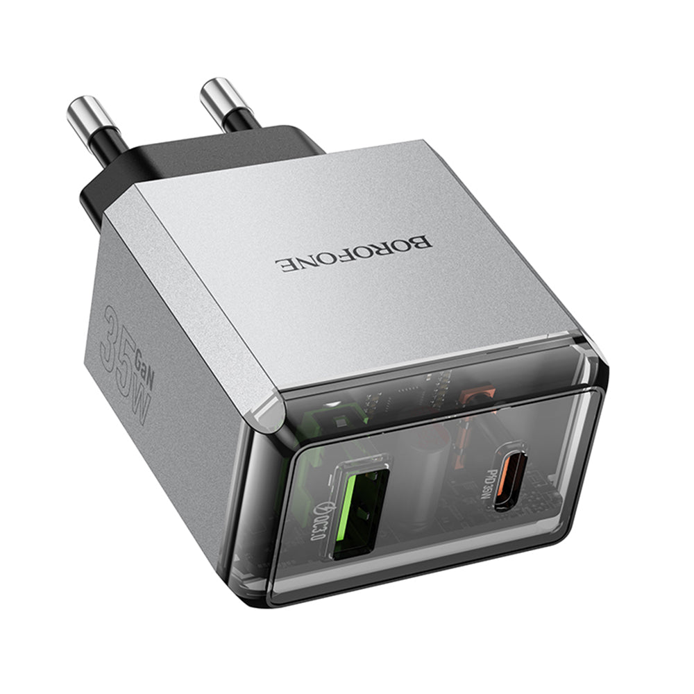Incarcator Borofone Lena (BN20), Dual Port, USB-C + USB-A, PD35W, QC3.0, Flame-Retardant PC, 5V/3A, Metal Gray