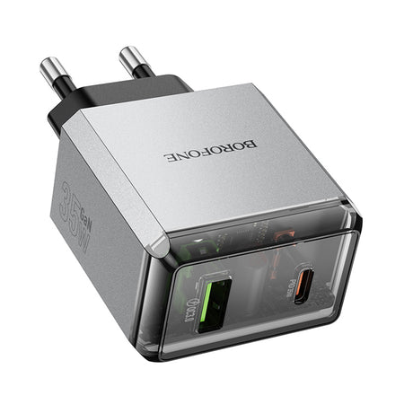 Incarcator Borofone Lena (BN20), Dual Port, USB-C + USB-A, PD35W, QC3.0, Flame-Retardant PC, 5V/3A, Metal Gray