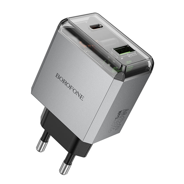 Incarcator Borofone Lena (BN20), Dual Port, USB-C + USB-A, PD35W, QC3.0, Flame-Retardant PC, 5V/3A, Metal Gray