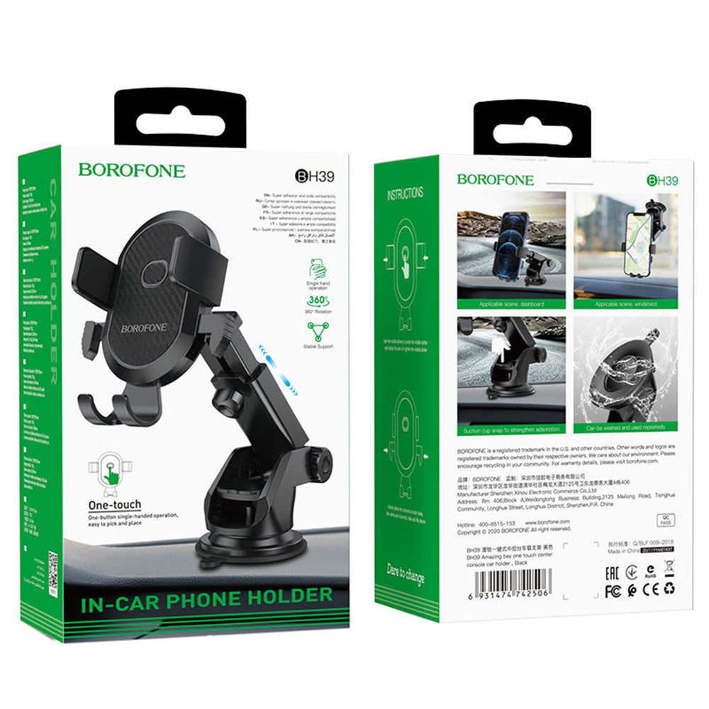 Suport Borofone Amazing Bay (BH39), with Suction Cup, for Dashboard/Windshield, 4.5-6.5" Phone, Negru