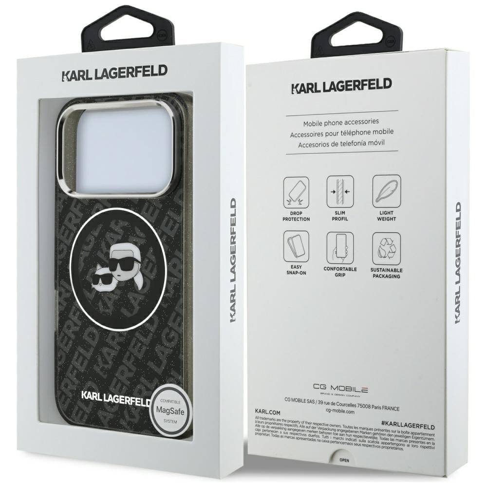 Husa de protectie Karl Lagerfeld Glitter MagSafe (KLHMP17LHMKBKCHOK) compatibil cu iPhone 17 Pro, Negru Karl&Choupette Head