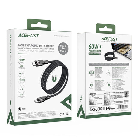 Cablu Acefast (C11-03), Magnetic Winding, Fast Charging, Type-C to Type-C, 60W, 3A, Adjustable Lenght, 1.2m, Negru