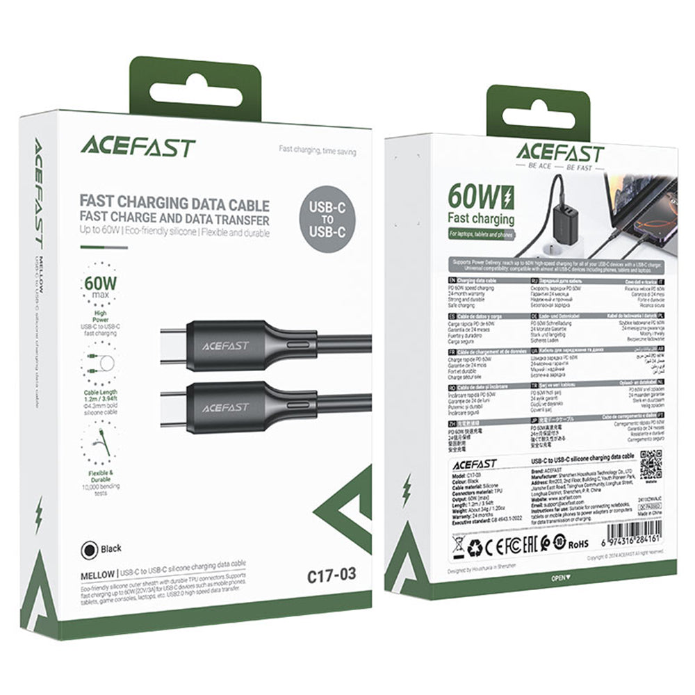 Cablu Acefast (C17-03), Type-C to Type-C, Fast Charging, 60W, 3A, Bend-Resistant, Soft Silicone, 1.2m, Negru