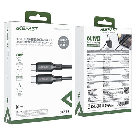 Cablu Acefast (C17-03), Type-C to Type-C, Fast Charging, 60W, 3A, Bend-Resistant, Soft Silicone, 1.2m, Negru