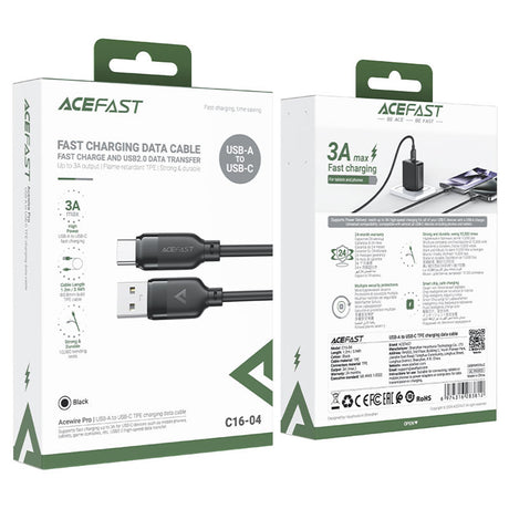 Cablu Acefast (C16-04), Fast Charging, USB to Type-C, 3A, Bend-Resistant, 1.2m, Negru