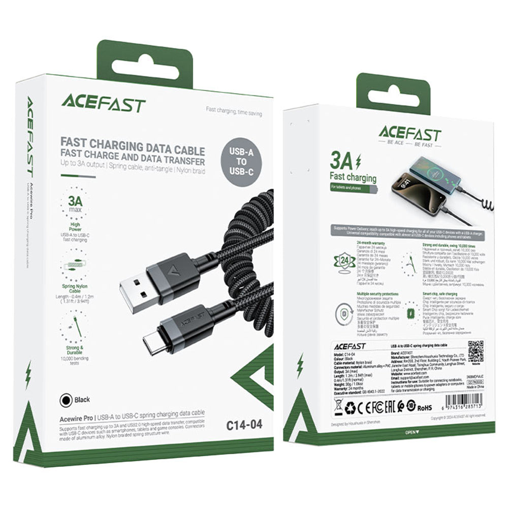 Cablu Acefast (C14-04), Fast Charging, USB to Type-C, Spring Design, 3A, Bend-Resistant, 1.2m, Negru