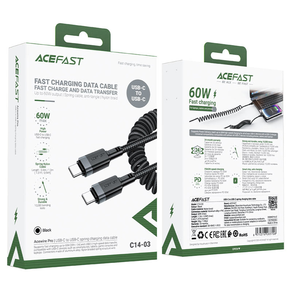 Cablu Acefast (C14-03), Fast Charging, Type-C to Type-C, Spring Design, 60W, 3A, Bend-Resistant, 1.2m, Negru