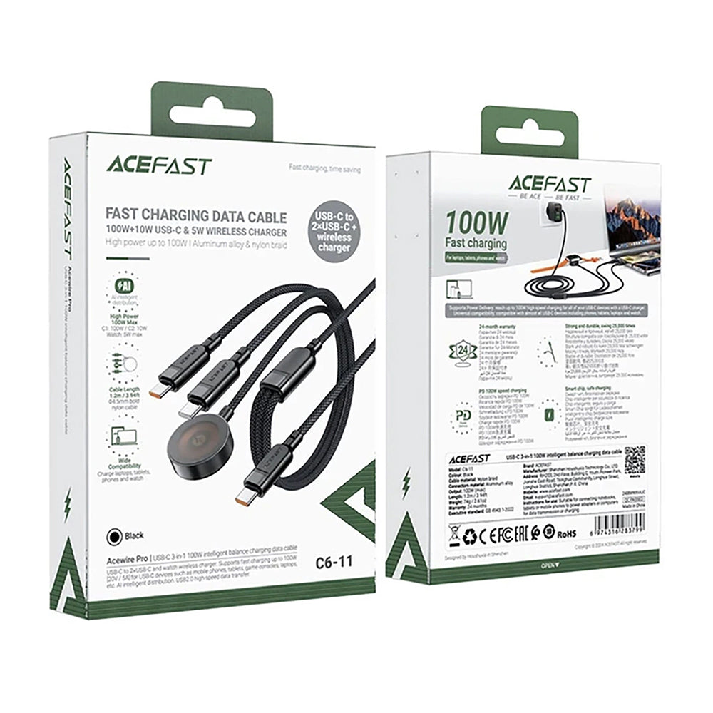 Cablu Acefast (C6-11), Fast Charging, 2x Type-C, Wireless Charger to USB-C, 3in1, 100W, 5A, 5W, 480Mb/s, 1.2m, Negru