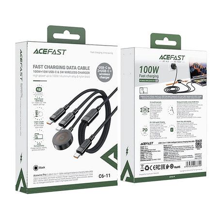 Cablu Acefast (C6-11), Fast Charging, 2x Type-C, Wireless Charger to USB-C, 3in1, 100W, 5A, 5W, 480Mb/s, 1.2m, Negru