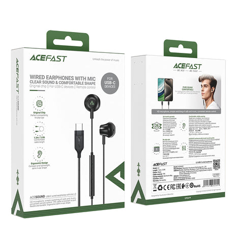Casti Acefast Wired Earphones (L2), Type-C, Half-In-ear, with Microphone, Remote Control, Flexible Body, 1.2m, Negru