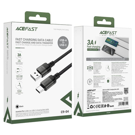 Cablu Acefast (C9-04), USB to Type-C, Fast Charging, 3A, Braided Nylon, 25.000 Bends, 1.2m, Negru
