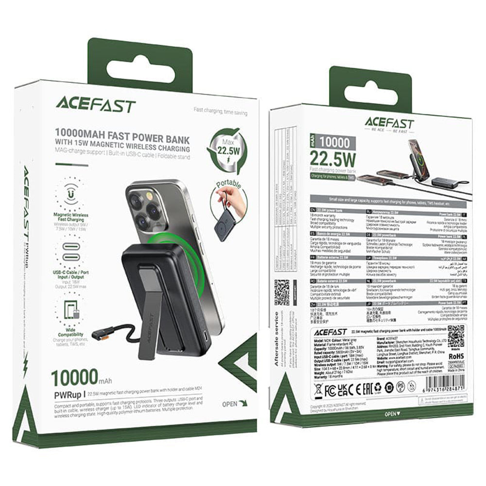 Baterie externa Acefast Magnetic Wireless (M24-10000), with Type-C Cable, Holder, USB-C Port, 10000mAh, 22.5W, LED, Metal Gray