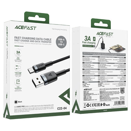 Cablu Acefast (C22-04), Fast Charge, USB to Type-C, 3A, Bend-Resistant, Wide Compatibility, Nylon Braid, 1.2m, Negru