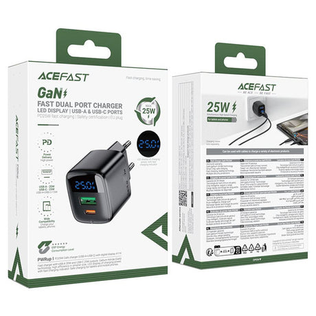 Incarcator Acefast (A114), with Digital Display, Fast Charging, GaN, USB, Type-C, PD25W, 5V/3A, Negru