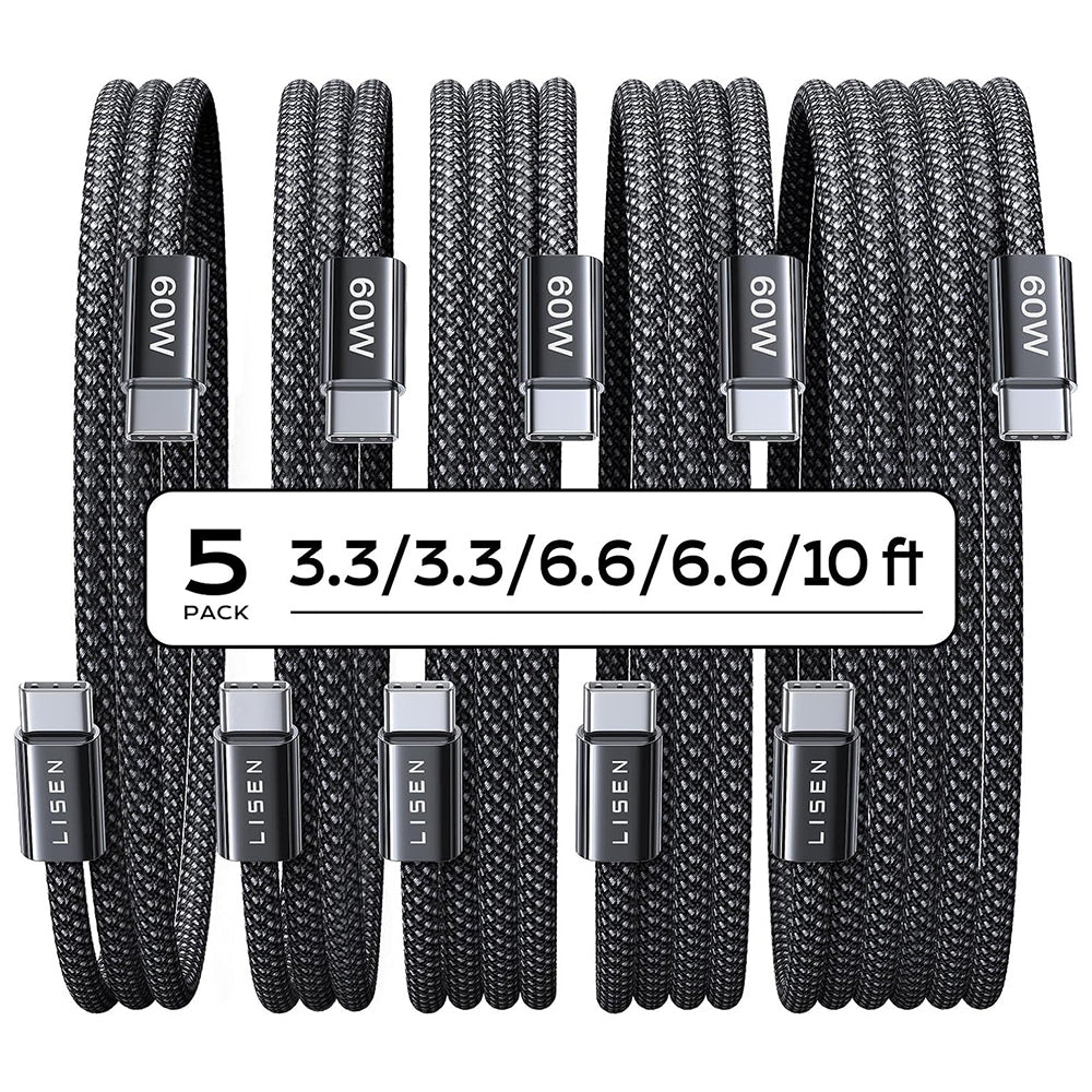 Cablu Lisen (set de 5) (YL0123070010), Type-C, 60W, 480Mbps, Fast Charging, Braided, 1m/1m/2m/2m/3m, Negru