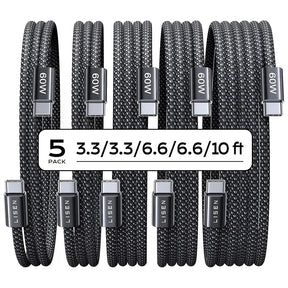 Cablu Lisen (set de 5) (YL0123070010), Type-C, 60W, 480Mbps, Fast Charging, Braided, 1m/1m/2m/2m/3m, Negru