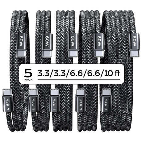 Cablu Lisen (set de 5) (YL0123070010), Type-C, 60W, 480Mbps, Fast Charging, Braided, 1m/1m/2m/2m/3m, Negru