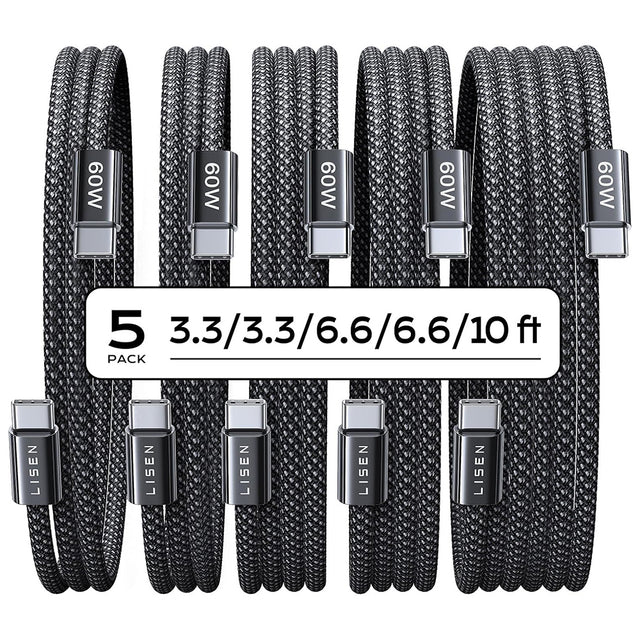 Cablu Lisen (set de 5) (YL0123070010), Type-C, 60W, 480Mbps, Fast Charging, Braided, 1m/1m/2m/2m/3m, Negru