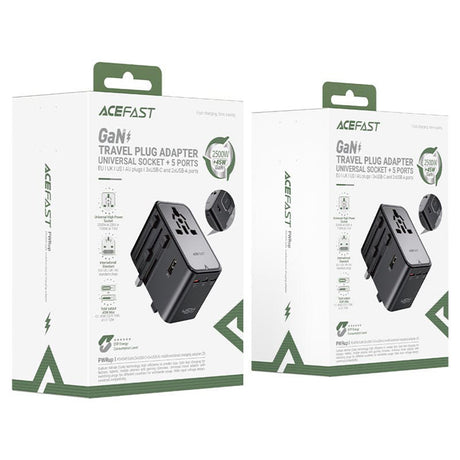 Incarcator Acefast Travel Adapter (Z8), 3x USB-C, 2x USB, EU, UK, AUS, US, 45W, GaN Technology, Fast Charging, Negru