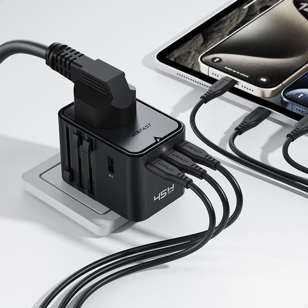 Incarcator Acefast Travel Adapter (Z8), 3x USB-C, 2x USB, EU, UK, AUS, US, 45W, GaN Technology, Fast Charging, Negru