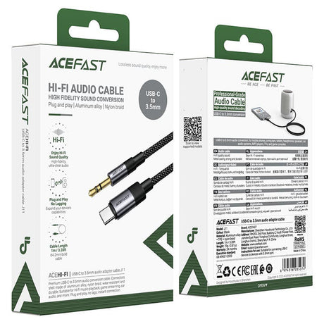Adaptor Acefast Audio Cable (J11), Mini Jack 3.5mm to Type-C, Aluminum + Nylon Braided, Hi-Fi Sound, Plug & Play, 1m, Negru