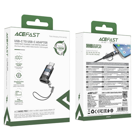 Adaptor Acefast Adapter (J9), with Digital Display, Type-C to USB-C, 480Mbps, 20V/5A, Fast Charge, Data Transmission, Metal Gray
