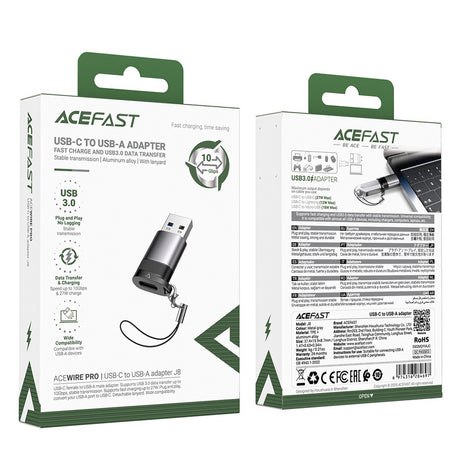 Adaptor Acefast Adapter (J8), Type-C to USB, 10Gbps Data Transmission, 27W, Fast Charging, Metal Gray