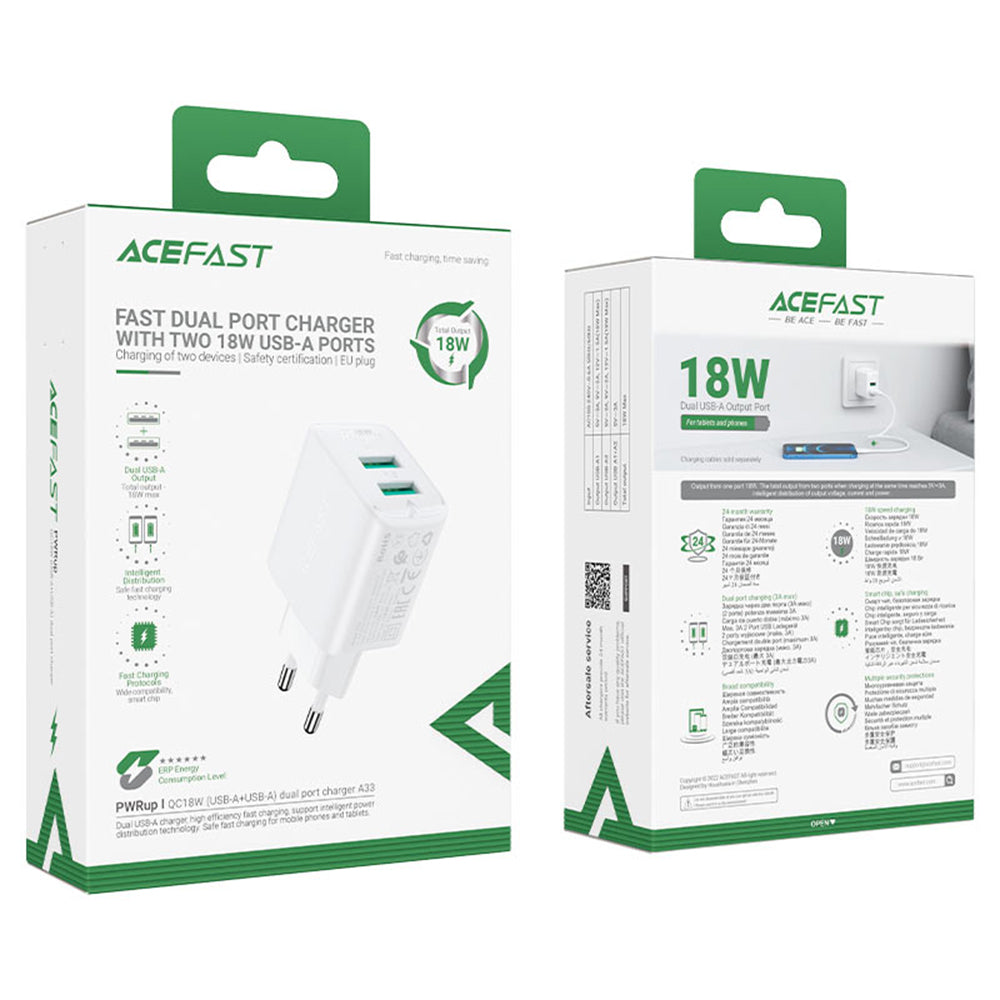 Incarcator Acefast (A33), Dual Port, Fast Charge 2x USB, QC18W, Negru