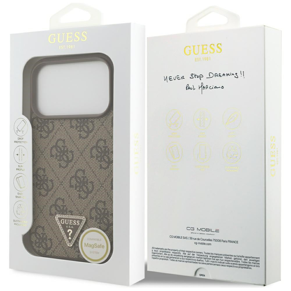 Husa de protectie Guess Leather 4G Triangle Strass MagSafe (GUHMP17LP4TDPLW) compatibil cu iPhone 17 Pro, Maro