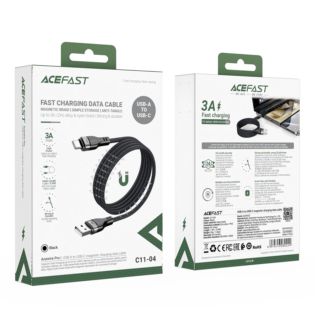 Cablu Acefast (C11-04), Magnetic Winding, Fast Charging, USB to Type-C, 3A, Adjustable Lenght, 1.2m, Negru