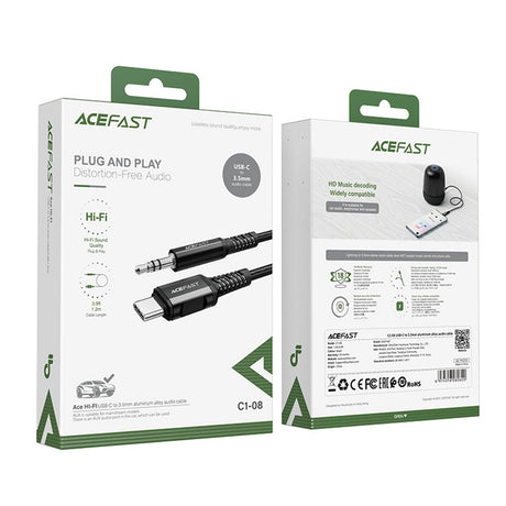 Adaptor Acefast Audio Cable Adapter (C1-08), Type-C to Jack 3.5mm Male, Hi-Fi, DAC Digital Decoding, Nylon Braided, 1.2m, Negru