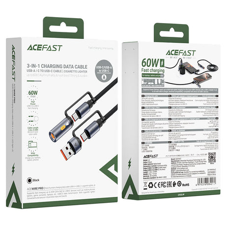 Cablu Acefast (J6), Multifunction, Fast Charging, USB/USB-C to Type-C/Cigarette Lighter, 60W, 3A, 1.2m, Negru