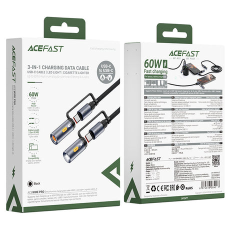Cablu Acefast (J4), Multifunction, Fast Charging, Type-C/LED Light to Type-C/Cigarette Lighter, 60W, 3A, 1.2m, Negru